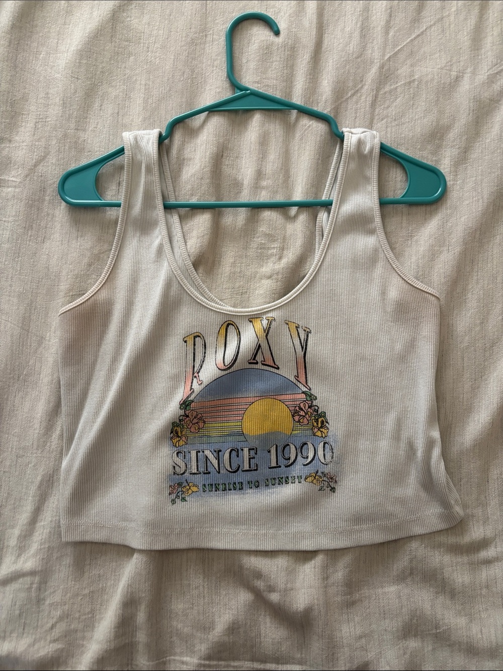 Roxy White Ribbed Graphic Crop Tank with Sunset Print